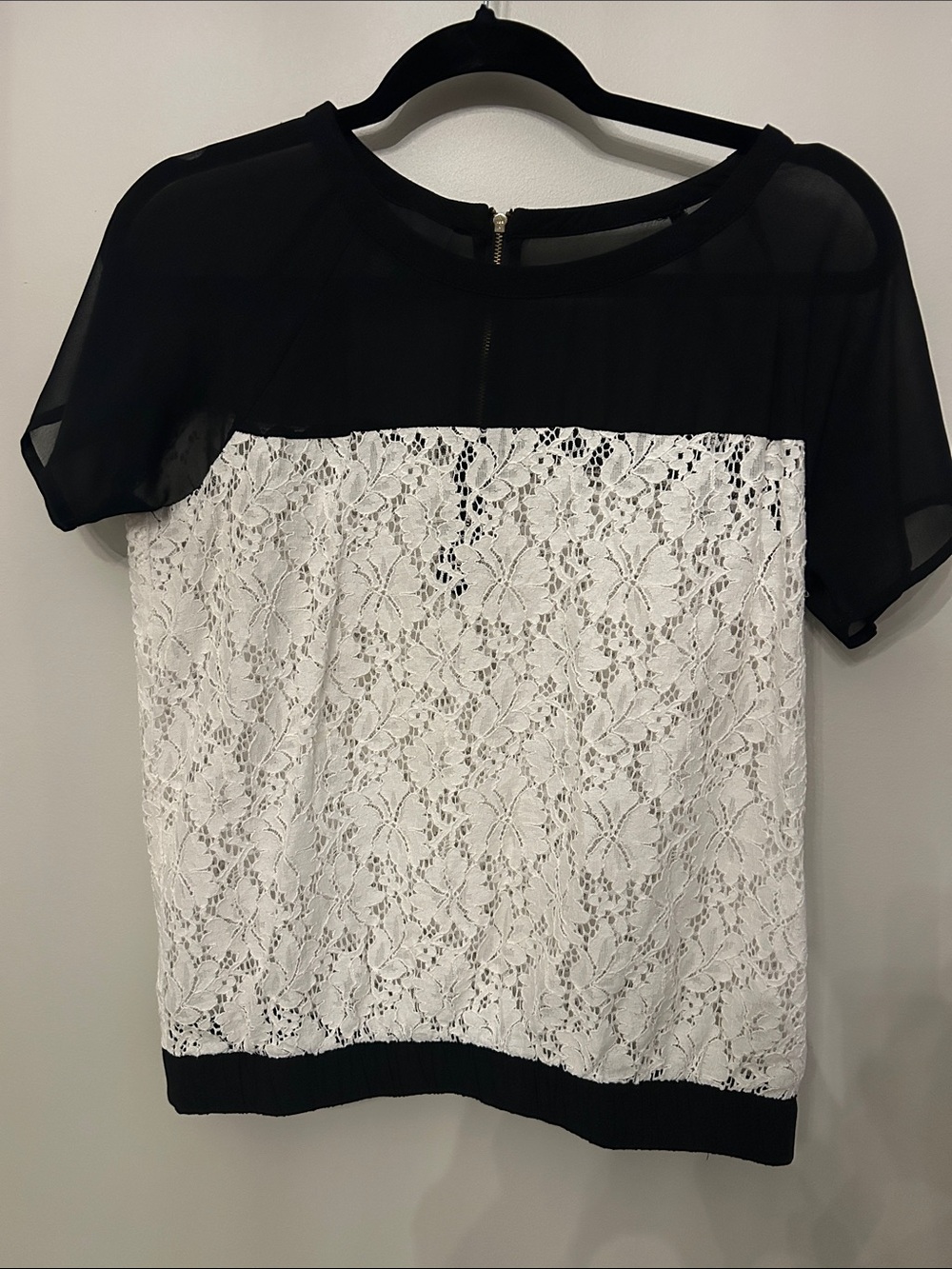 INC International Concepts Black and White Lace Paneled Short Sleeve Top